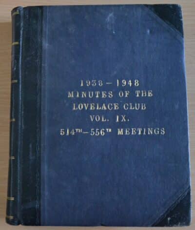 Front cover of the minute book of the Lovelace Club, 1938-48.