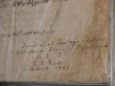 Detail of inscription of Sir Francis Basset in manuscript.