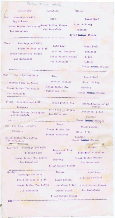Sample menu for cadets.