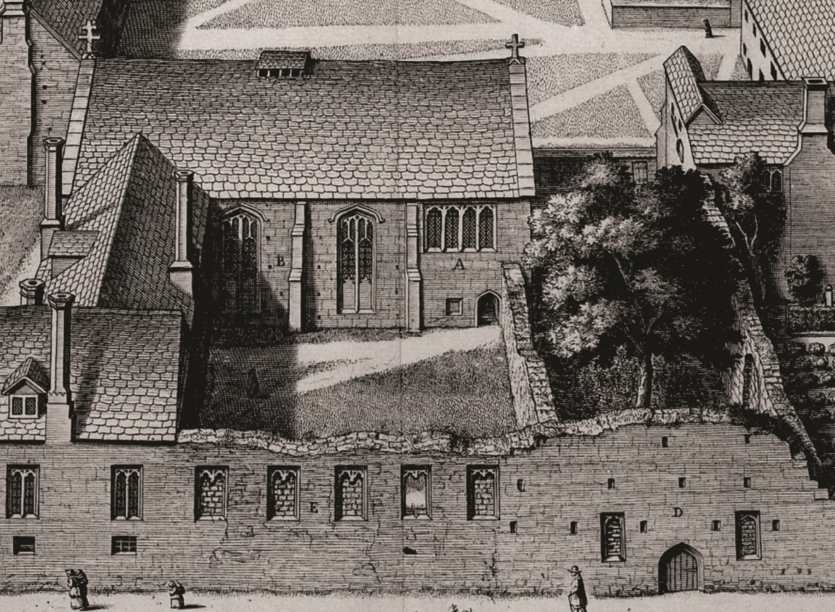 Detail from Loggan's drawing of Gloucester Hall, showing the Dining Hall and ruined Chapel