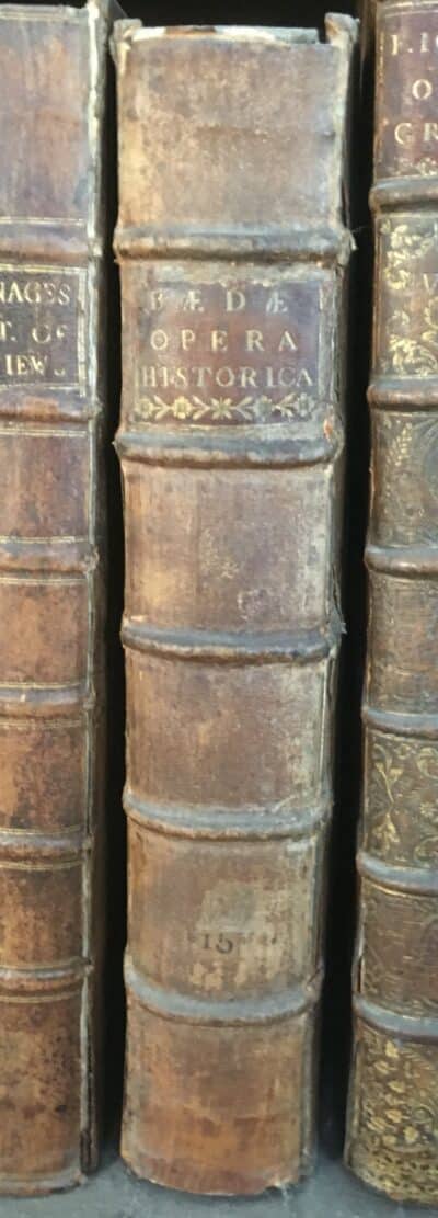 Colour photograph of leather-bound spine of Clarke's edition of Bede.