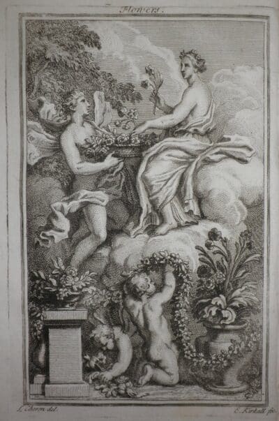 Print showing a classical figure seated on a cloud selects flowers, while several other figures bear vases or garlands of flowers.