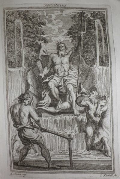 Print showing Poseidon or Neptune seated in a shell with trident raised and fountains of water pouring around him.