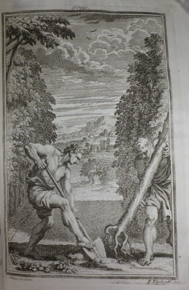 Print of two figures planting a tree, with an Italianate landscape in the background.