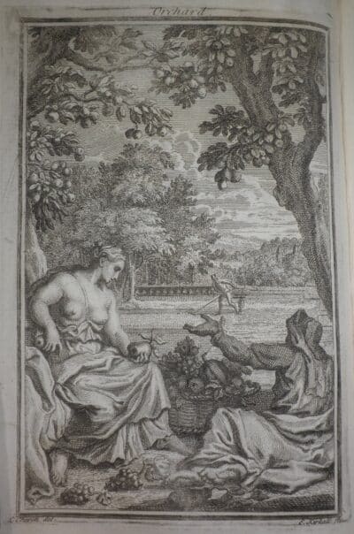 Print of two classical figures enjoying an overflowing basket of fruit, framed by fruit trees.