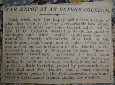 Newspaper clipping about the 'war depot at an Oxford College'.