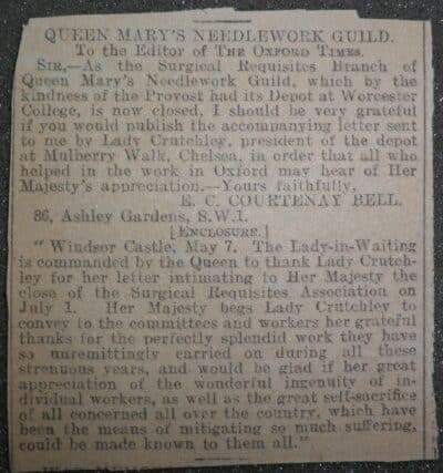 Newspaper cliping about war work in Worcester College.