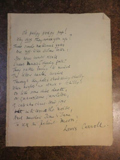 Image of manuscript copy of Lewis Carroll's first submission for the book. It begins 'Oh podgy podgy pup!'.