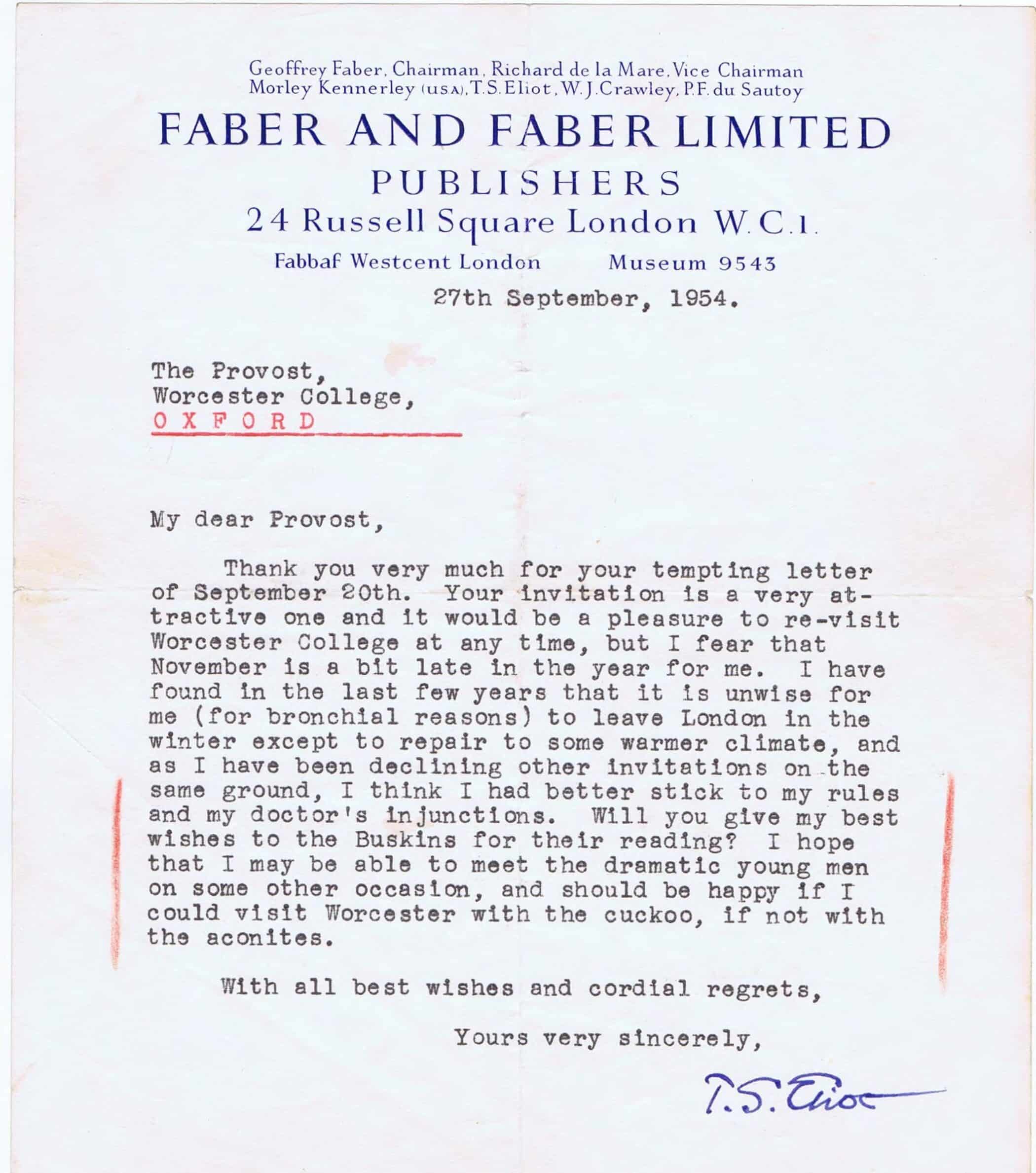 A typed letter from T.S. Eliot in 1954 declining an invitation.