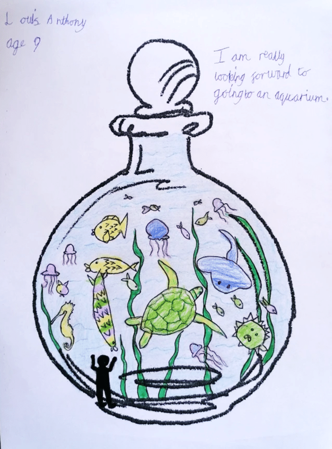 Drawing of a bottle with sea creatures inside