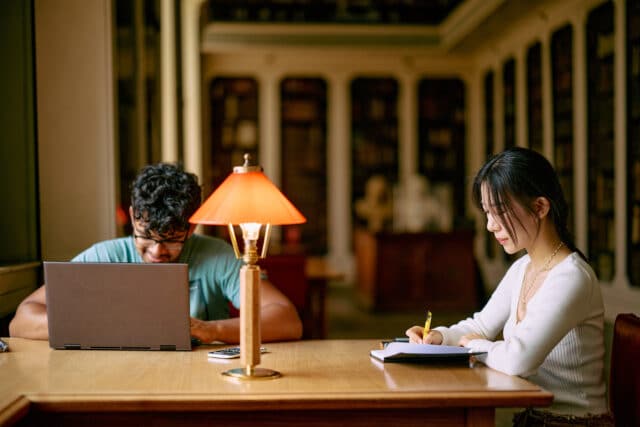 Students working in the library