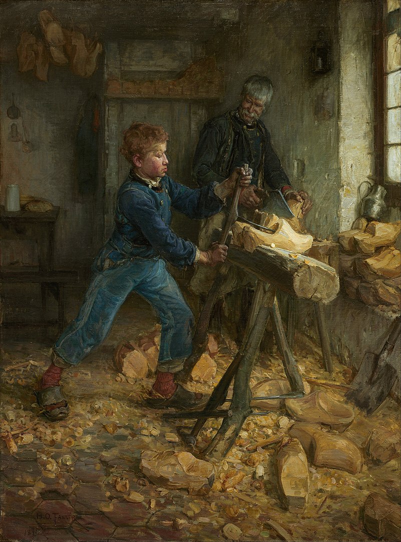 Painting of youth carving clogs in workshop