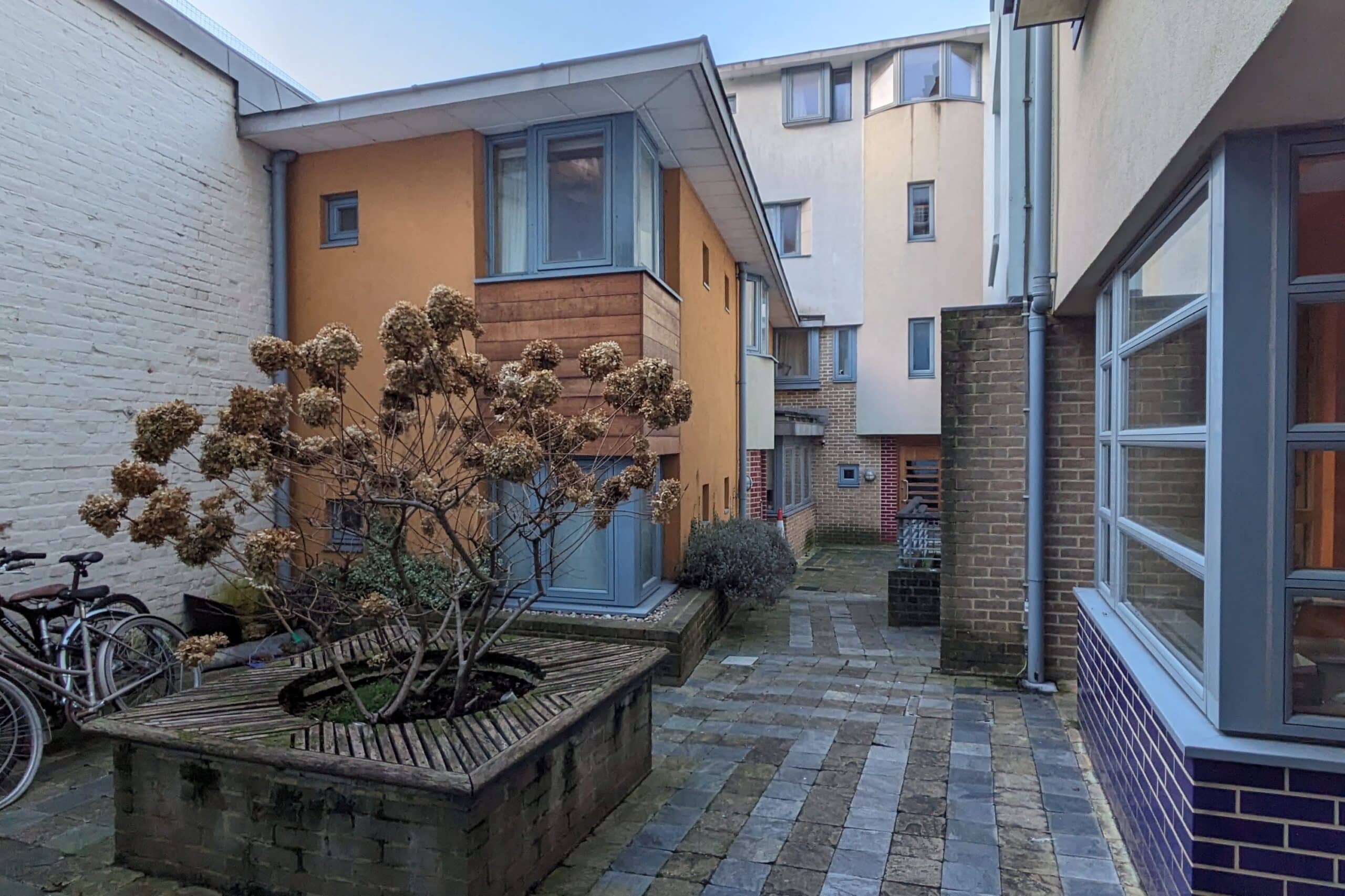 Courtyard with planters and buildings in Beaumont Street accommodation