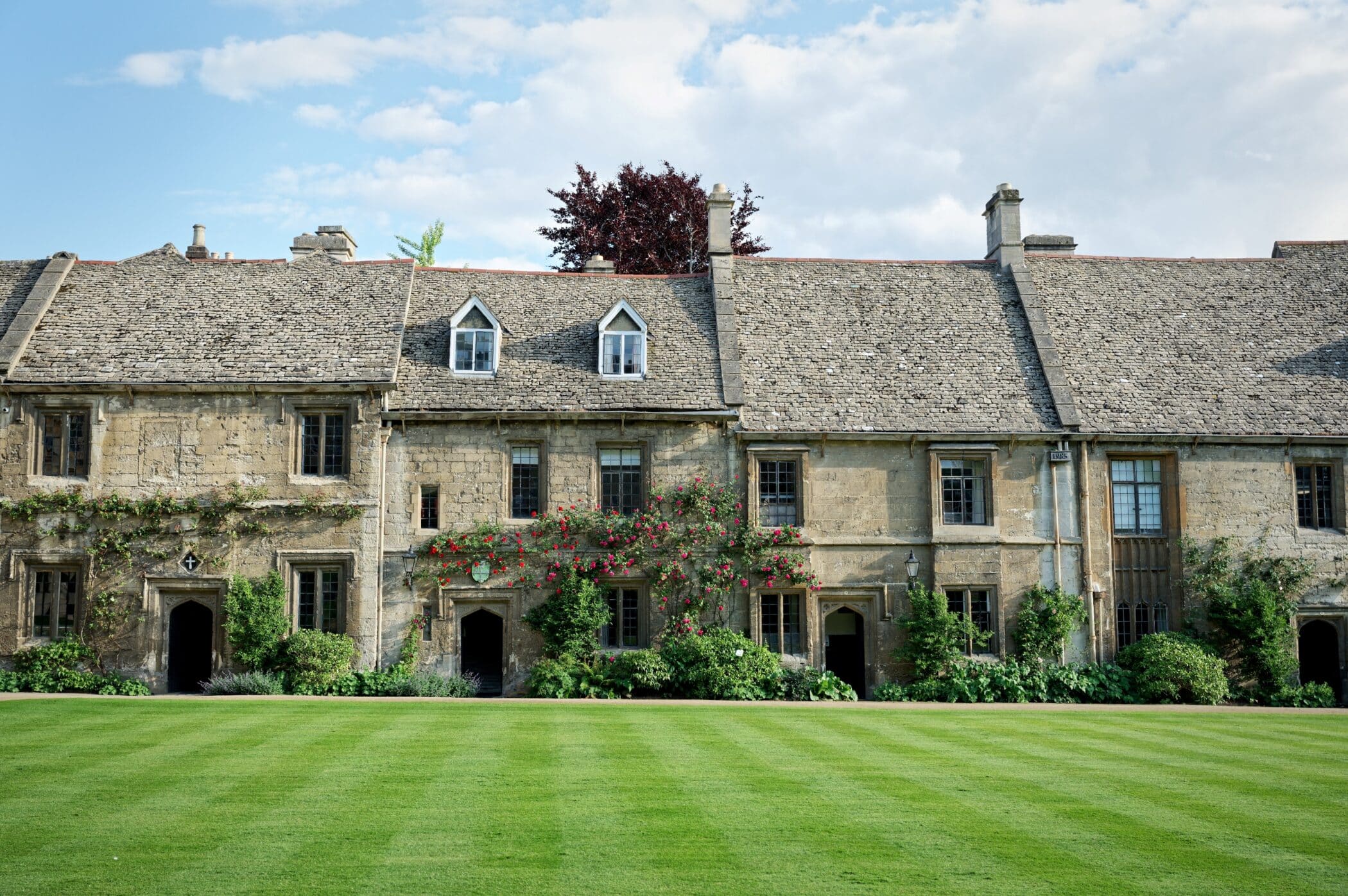 Medieval cottages and lawn