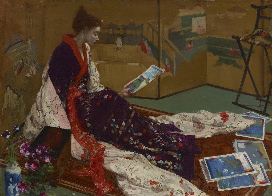 JA Whistler painting of woman in kimono looking at Japanese prints