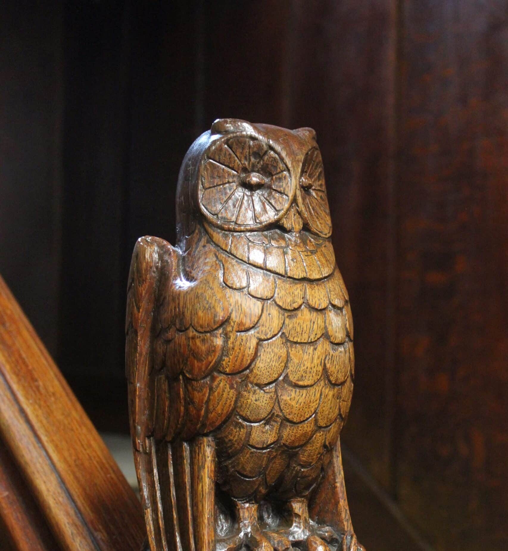 Carved owl on Asa Briggs Building staircase