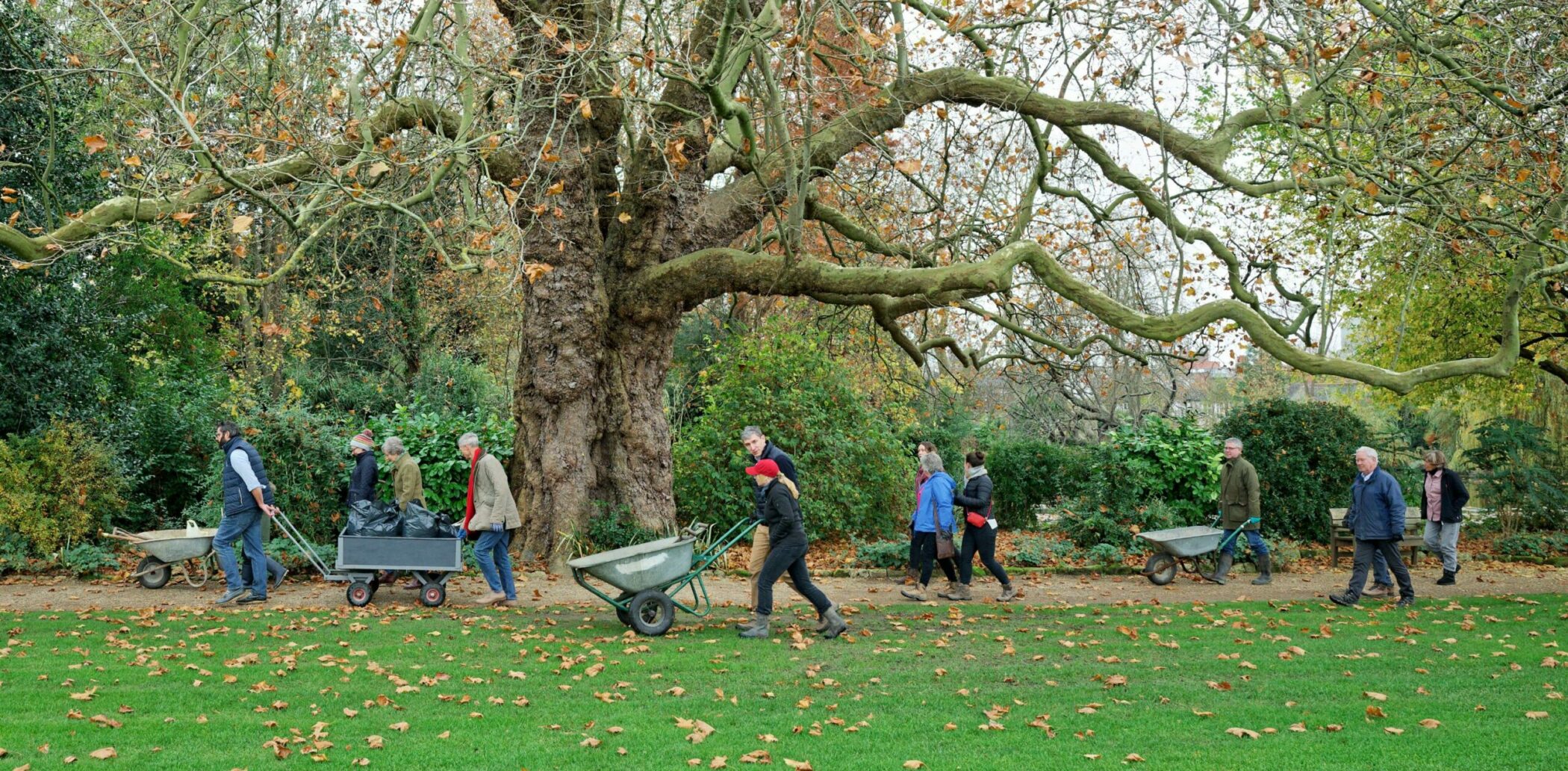 A group of people with wheelbarrows