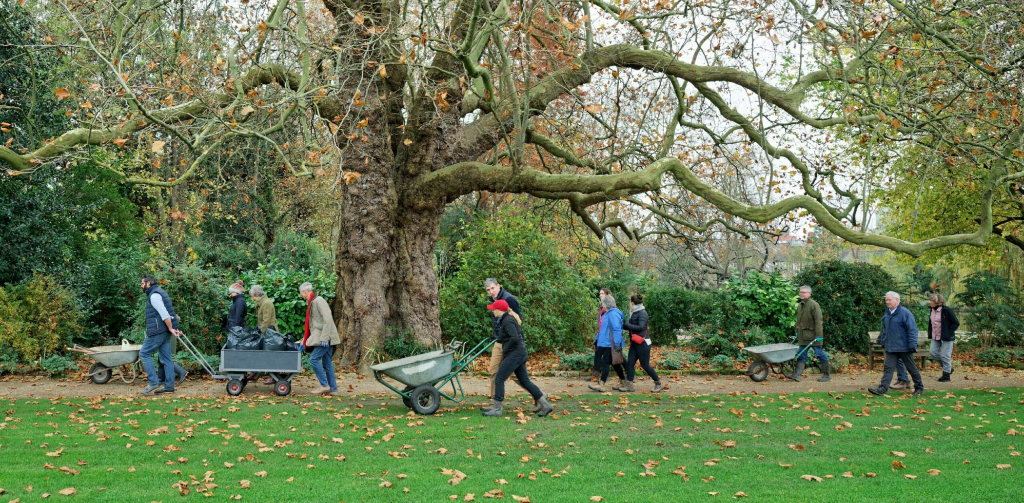 A group of people with wheelbarrows