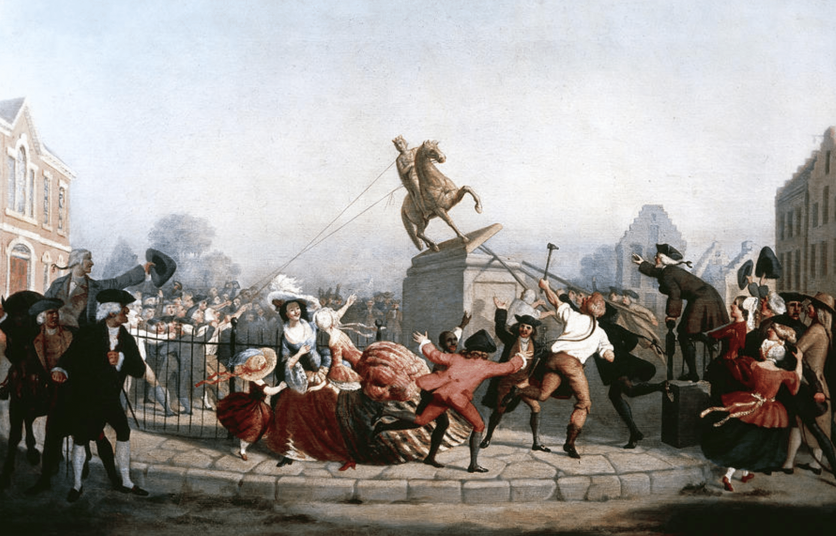 Mob pulling down statue of King George III