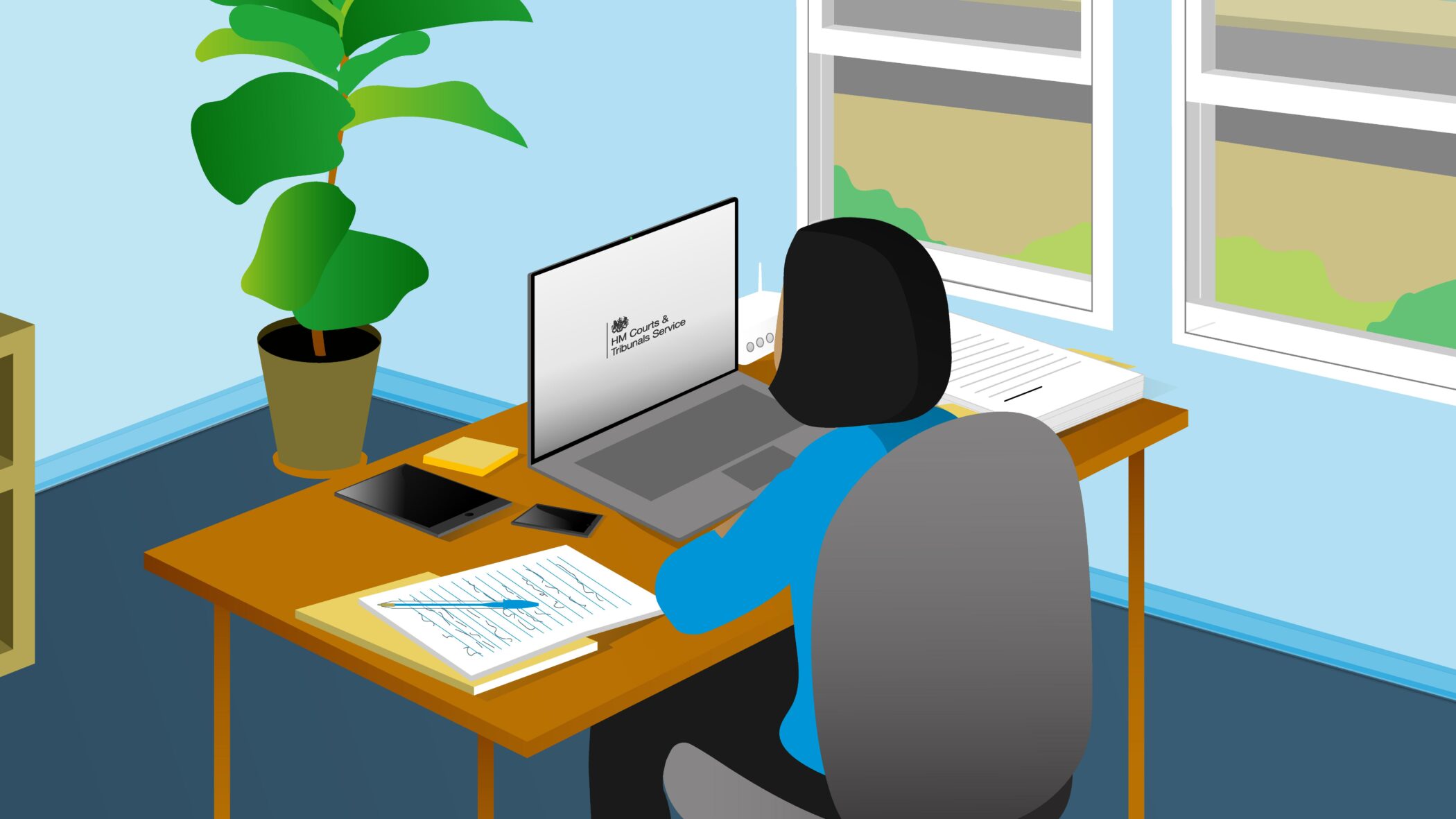 Illustration of woman watching HM Courts and Tribunals Service video
