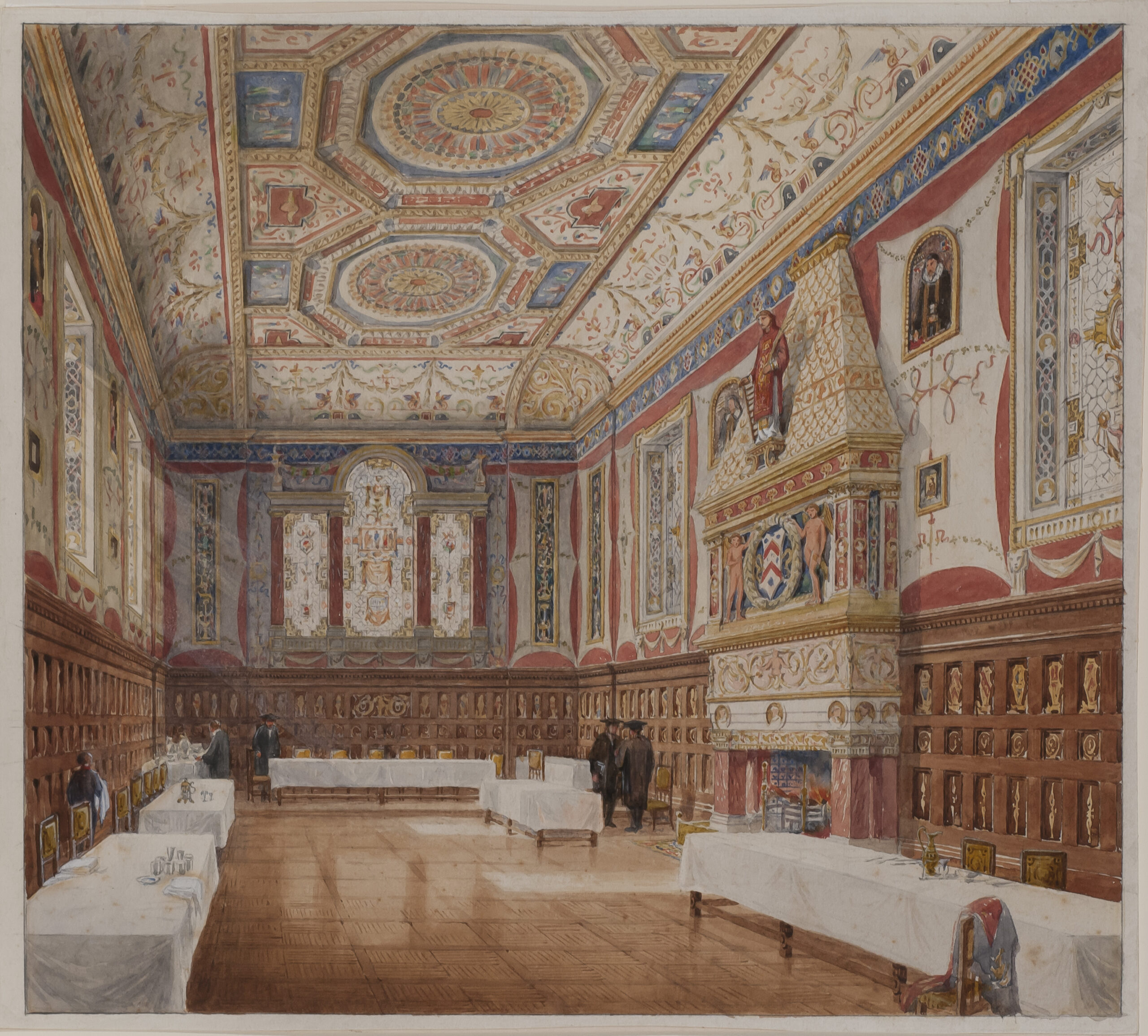 Colour painting of Burges' design for the hall. The lower part of walls are wood-panelled and the upper walls and ceiling are elaborately painted.