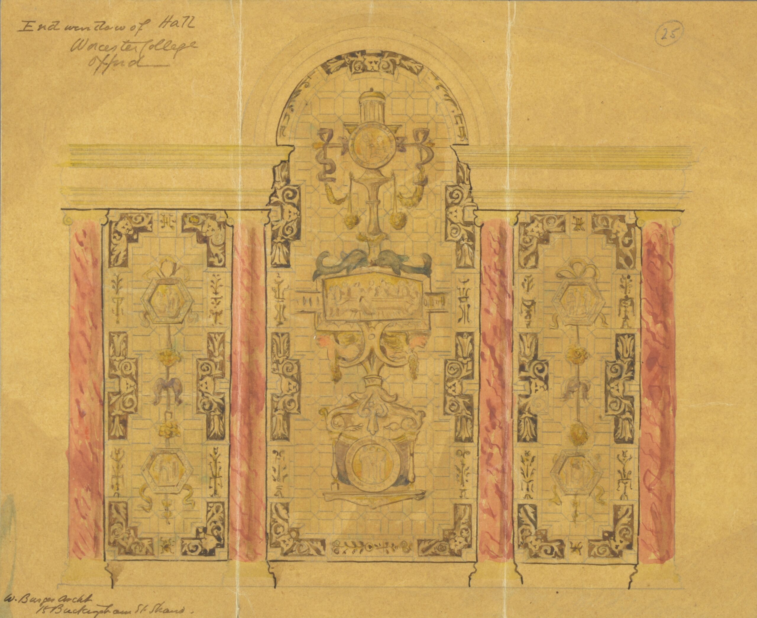 Colour drawing of design for the stained glass window at the east end of the hall, by William Burges.