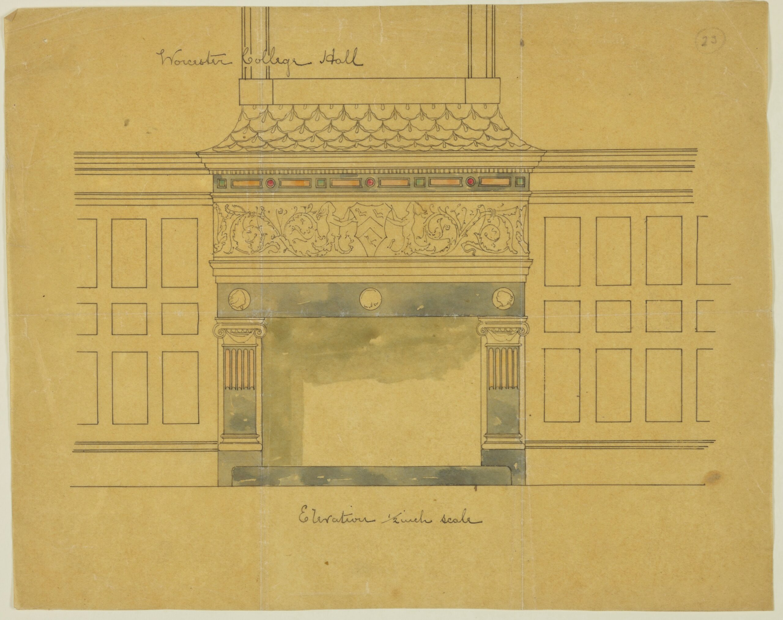 Colour drawing of the design by William Burges for the fireplace in the Hall, 1877.