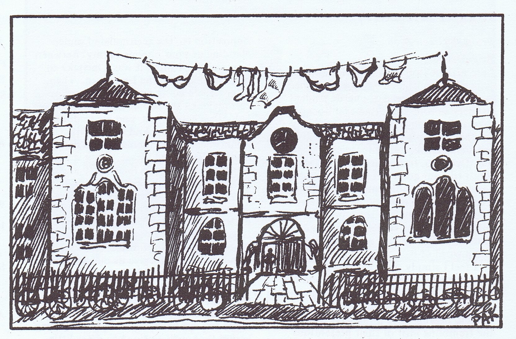 Cartoon showing ladies undergarments hanging on a washing line across the front of Worcester College.