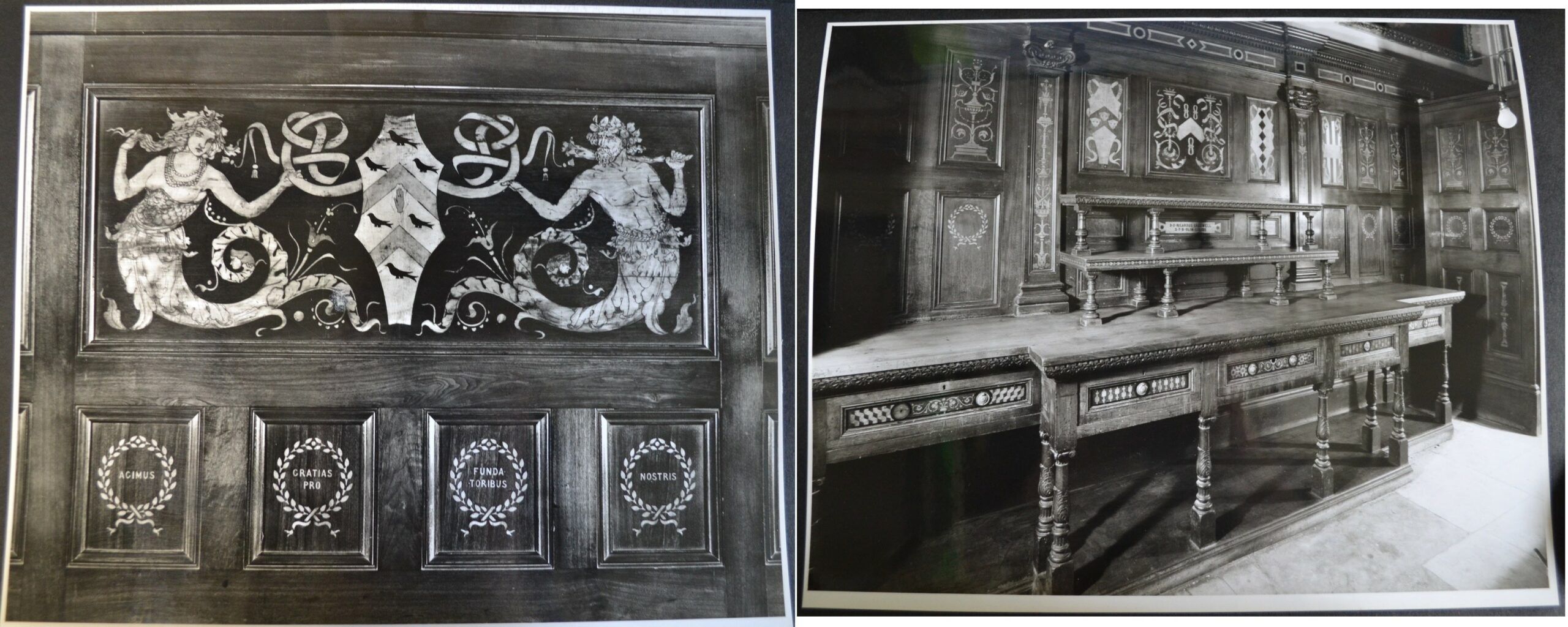 Black and white photograph showing detail of inlaid wood decorations.