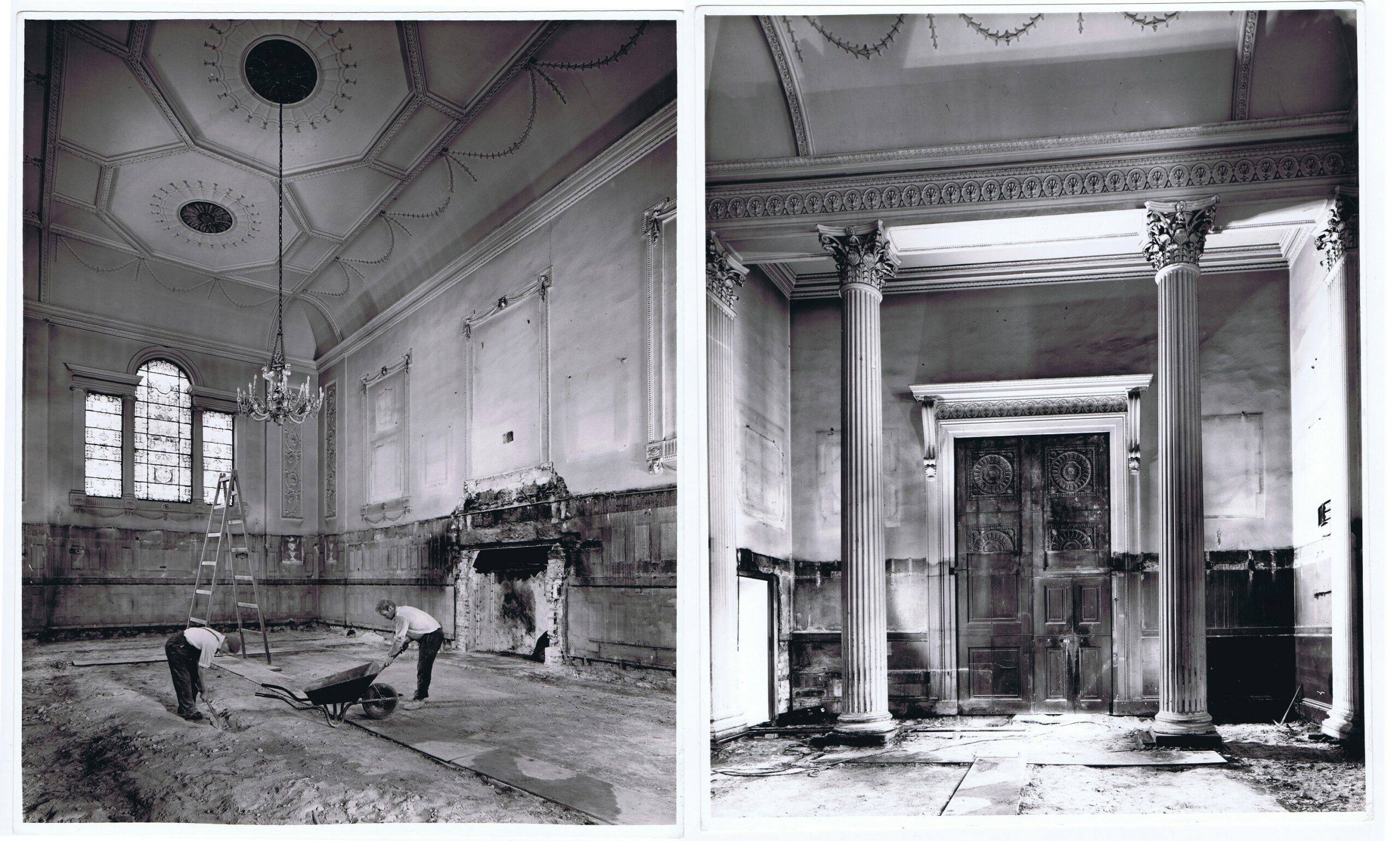 Black and white photographs of the hall undergoing renovation in 1966.