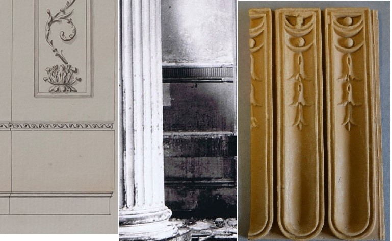 Three images side by side: The dado in James Wyatt’s drawing; as found behind the Burges panelling in 1966; and a sample moulding from 1966.