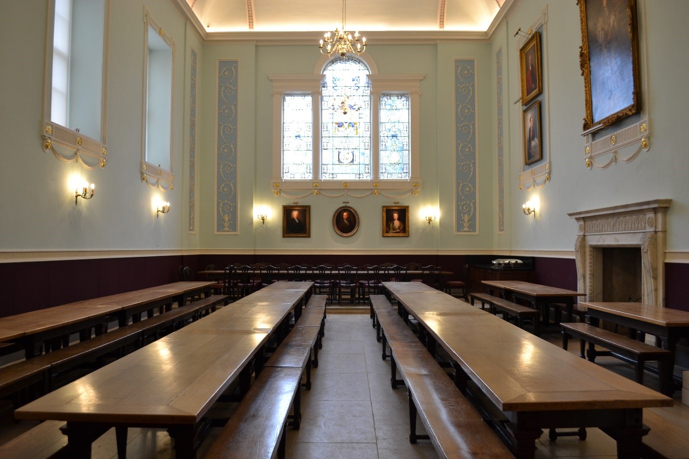 Colour photograph of the hall in 2018, newly redecorated.