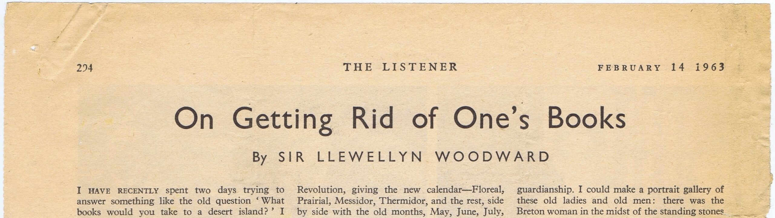 Excerpt from 'The Listener' from February 14 1963, titled 'On Getting Rid of One's Books' by Sir Llewellyn Woodward.