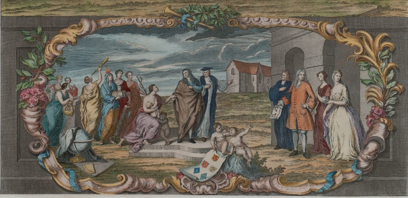 Depictions of important eighteenth century benefactors Margaret Alchorne and Sarah Eaton on the far left of this image, from the Oxford University Almanack for 1741.