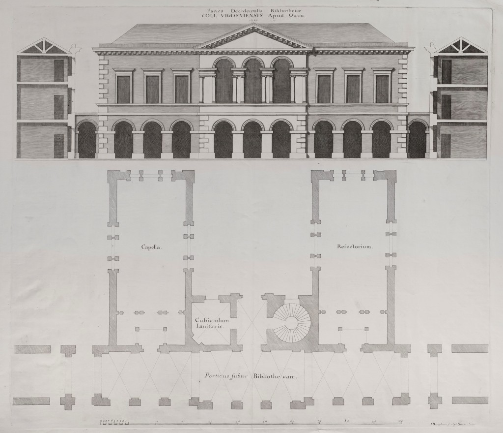 Black and white engraving of the west side of the Hall, Chapel, and Library block by Michael Burghers.