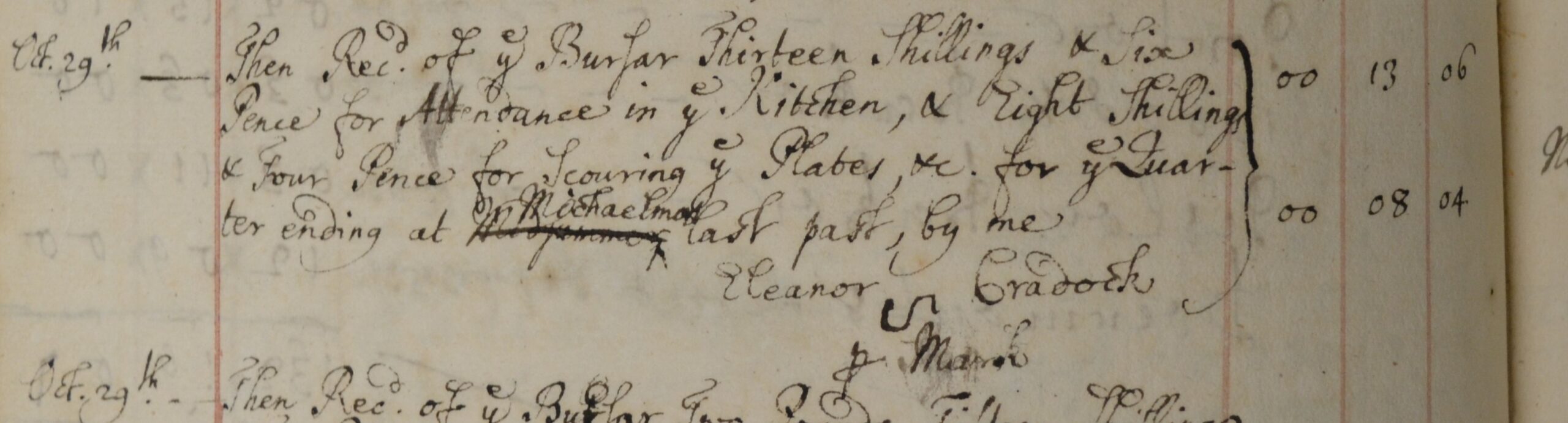 Image of eighteenth-century account book showing a mark made by Eleanor Cradock to collect her wages.
