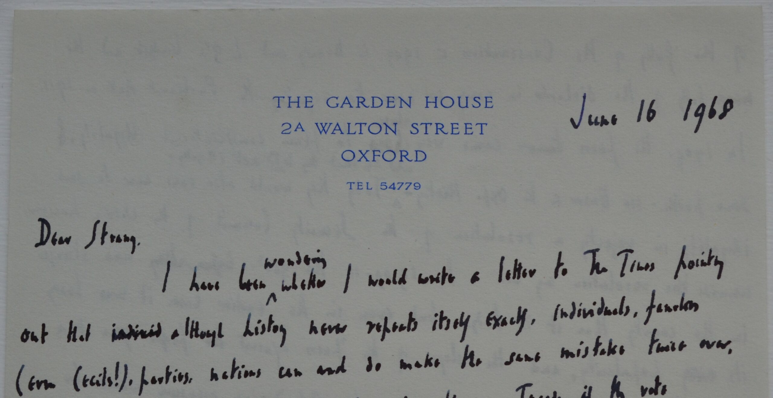 Letterhead with the Garden House address, on a letter from Woodward to Lord Strang.