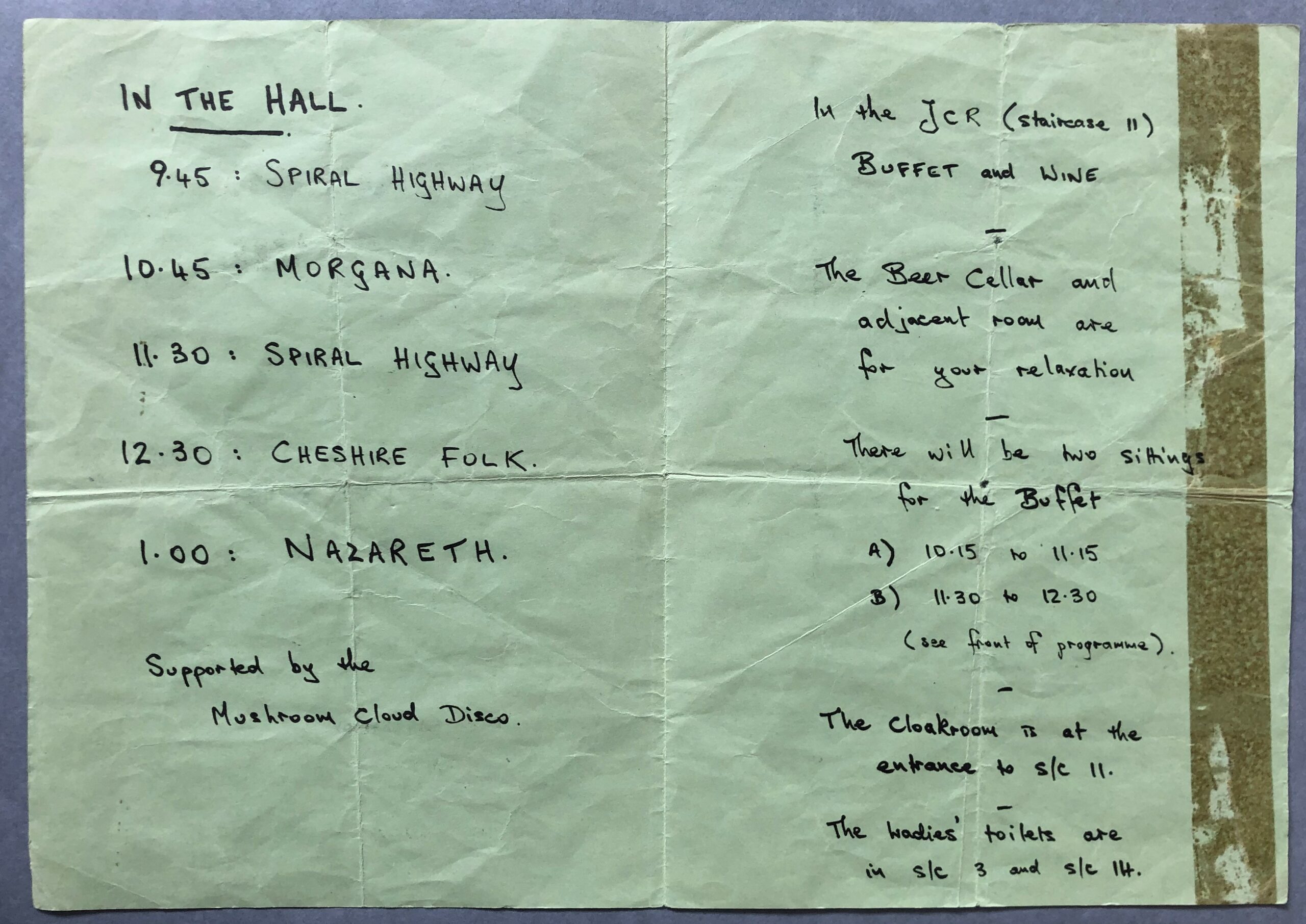 Programme for the Christmas dance, showing timetable of bands and meals.