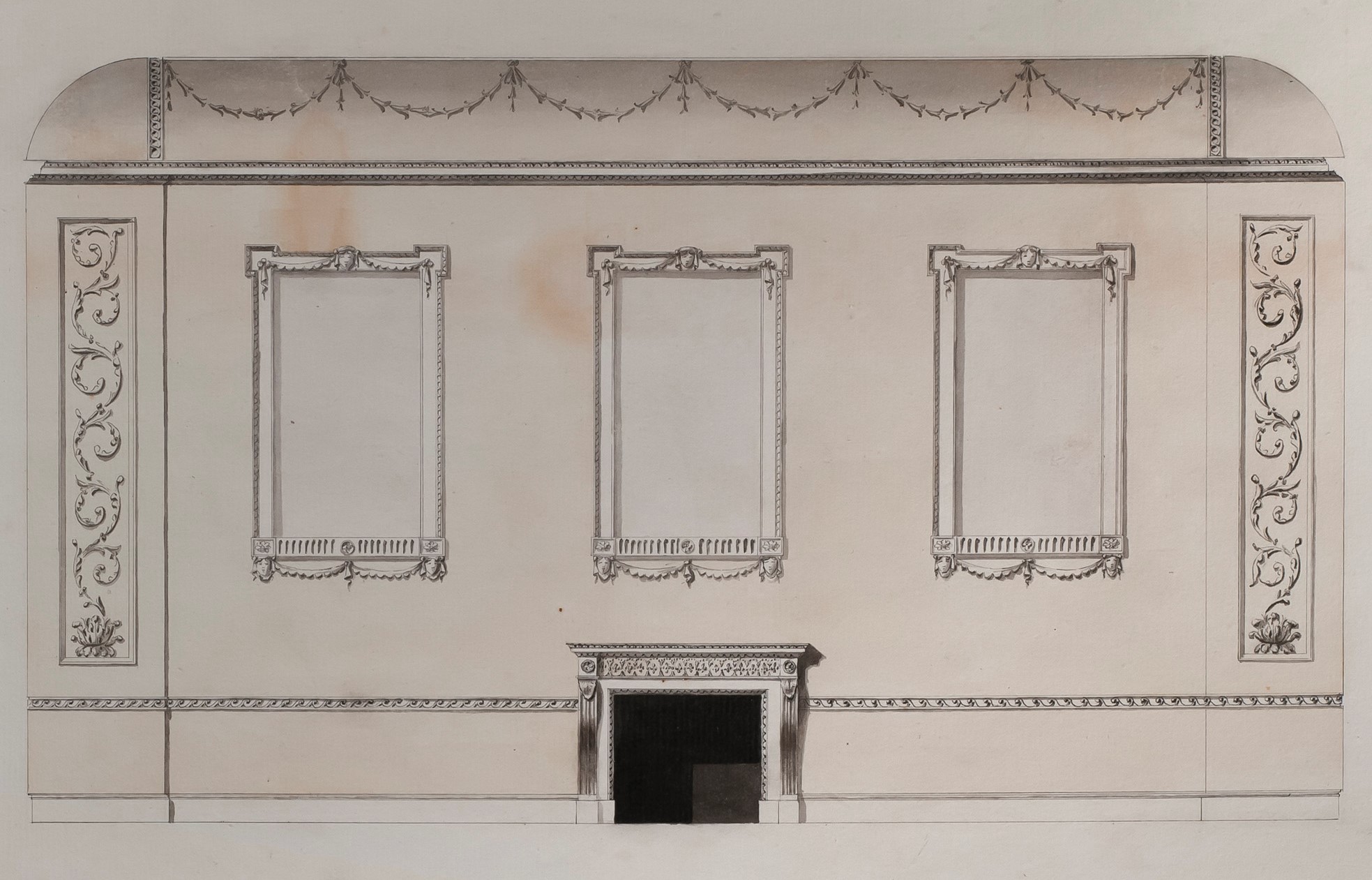 Architectural drawing of plan for south side of hall, with a fireplace.