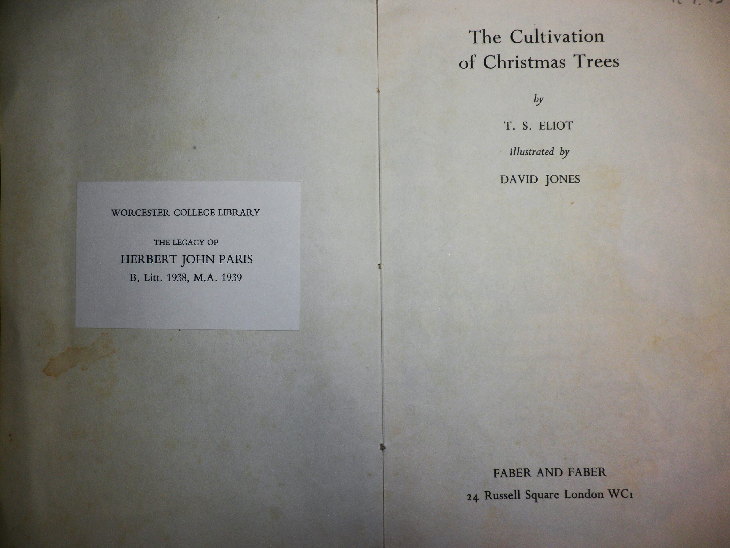 Photograph of inside cover of poem with gift label reading 'The Legacy of Herbert John Paris, B. Litt. 1938, M.A. 1939'.
