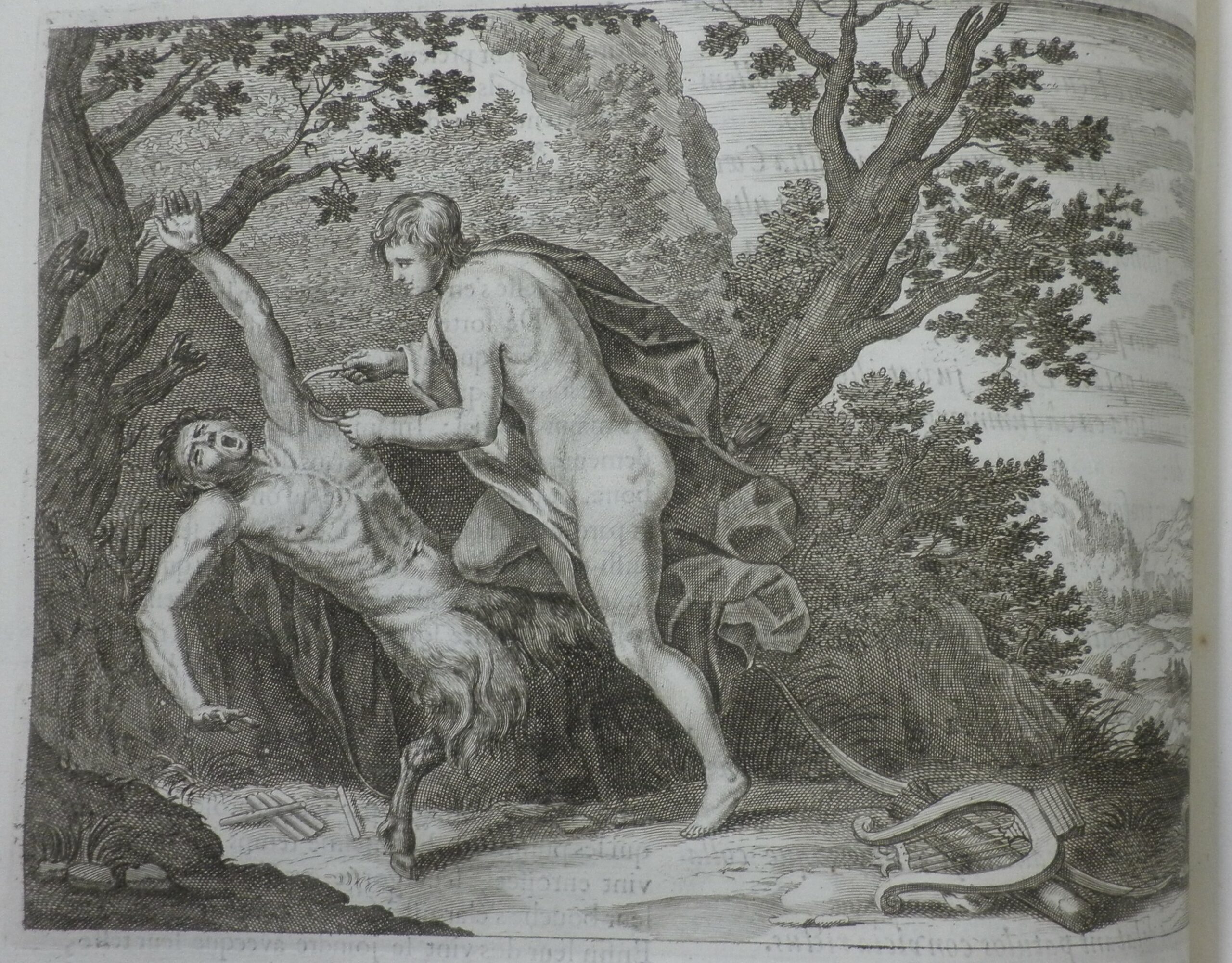 Black and white print depicting the story of Apollo flaying Marsyas.