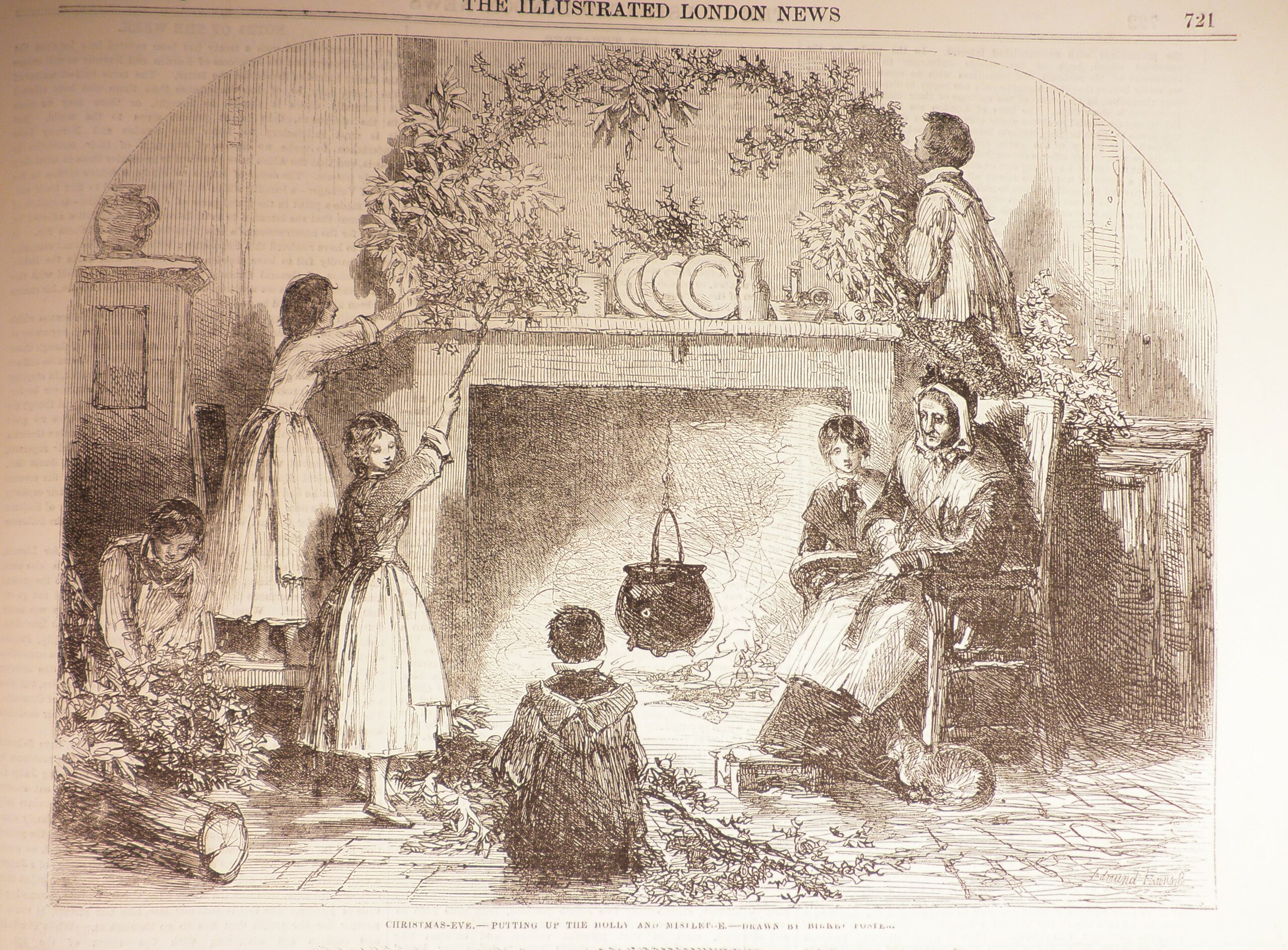 Engraved drawing of a Victorian family decorating the fireplace with greenery.