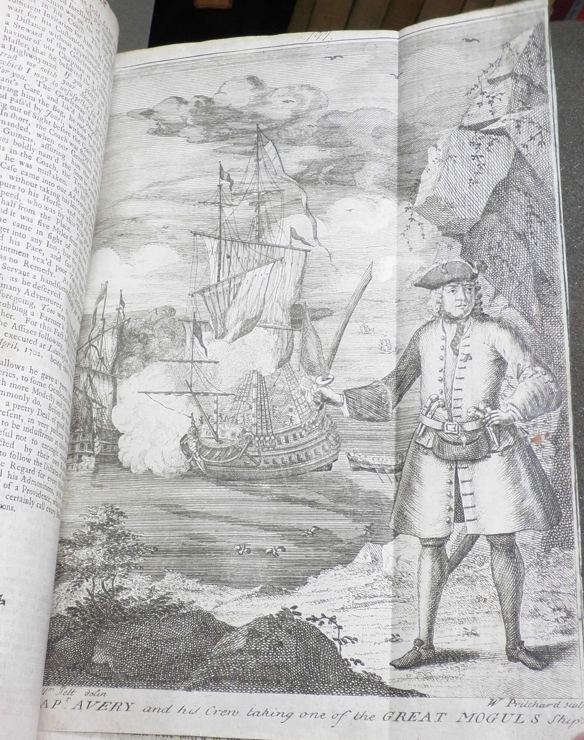 Black and white engraving of Captain Avery standing on a beach. In the background a ship is engulfed in smoke.