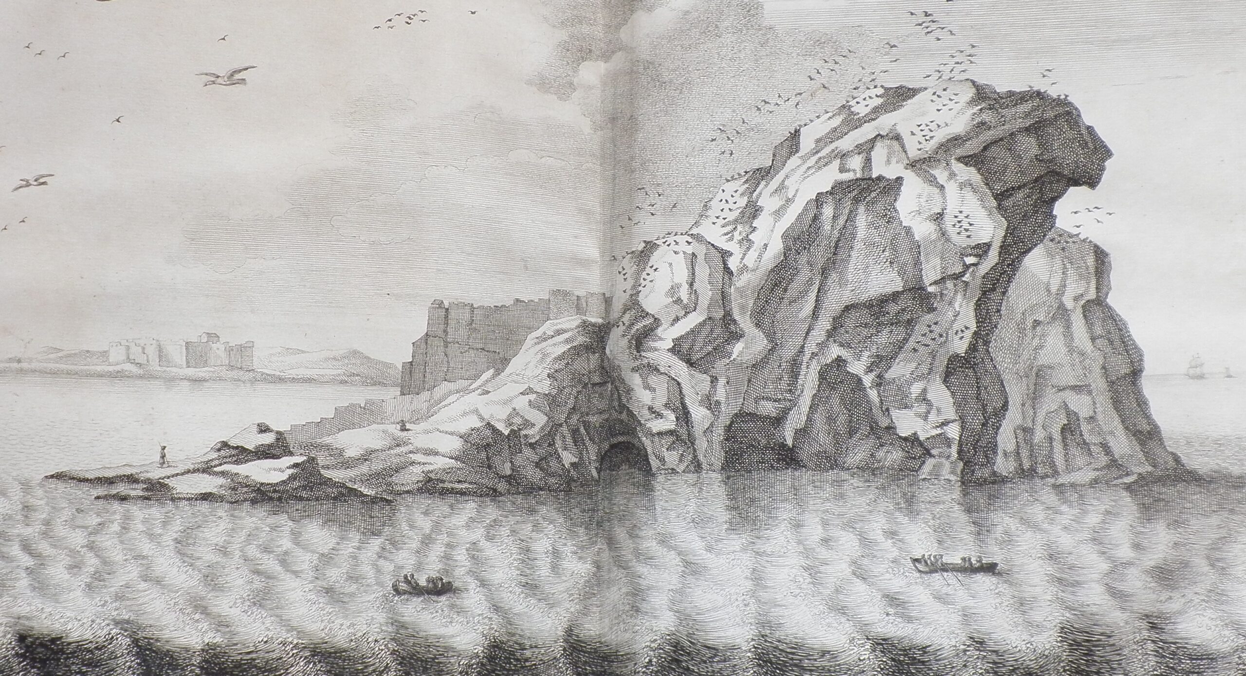 Black and white engraving of the Bass Rock.