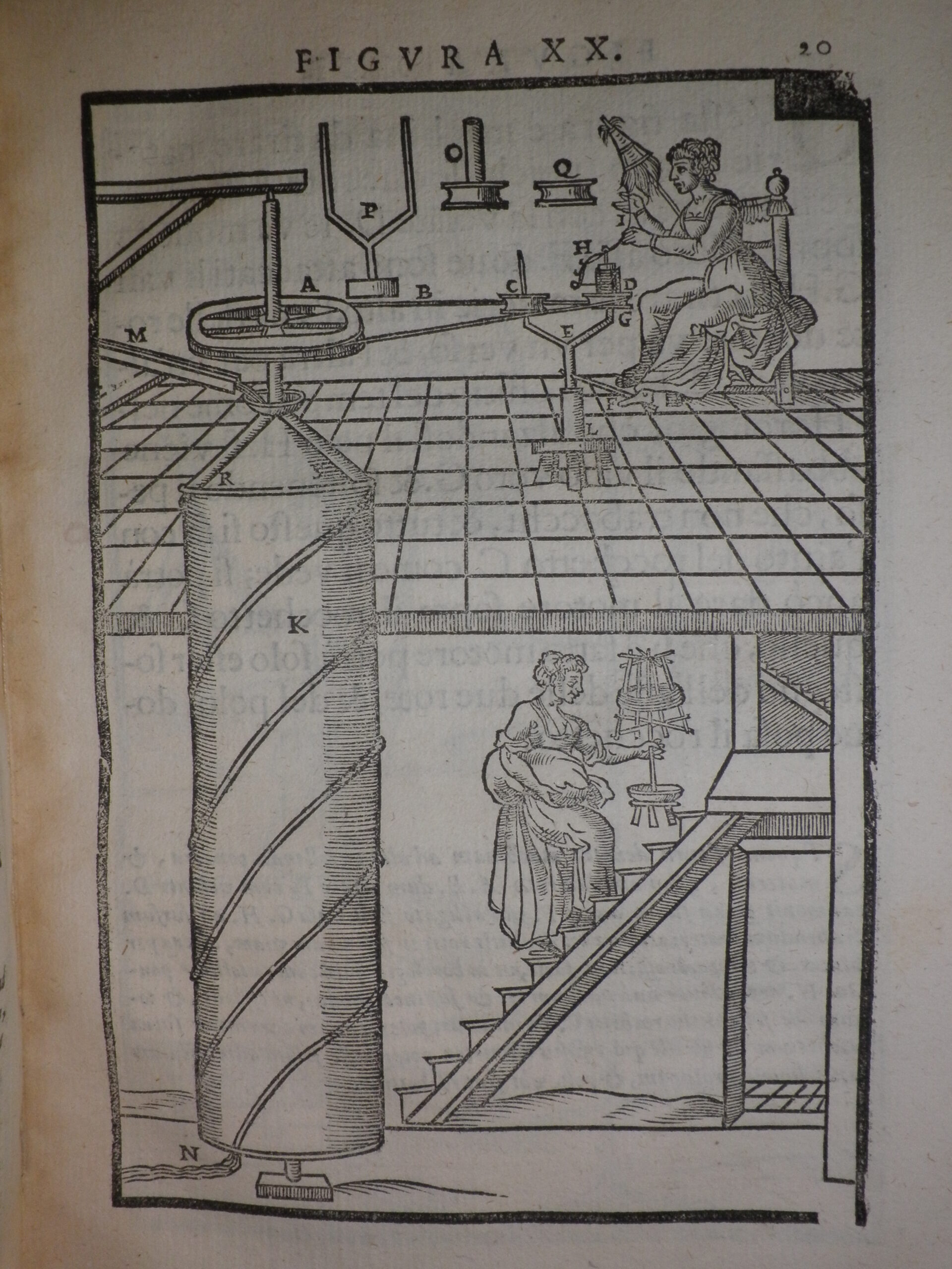 A printed image of a hydraulic spinning machine. The machine occupies two floors and there is a woman spinning with it on the top floor.