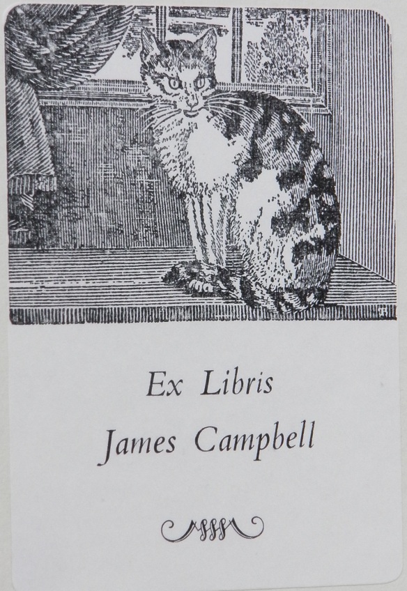 Bookplate decorated with a black and white illustration of a cat.