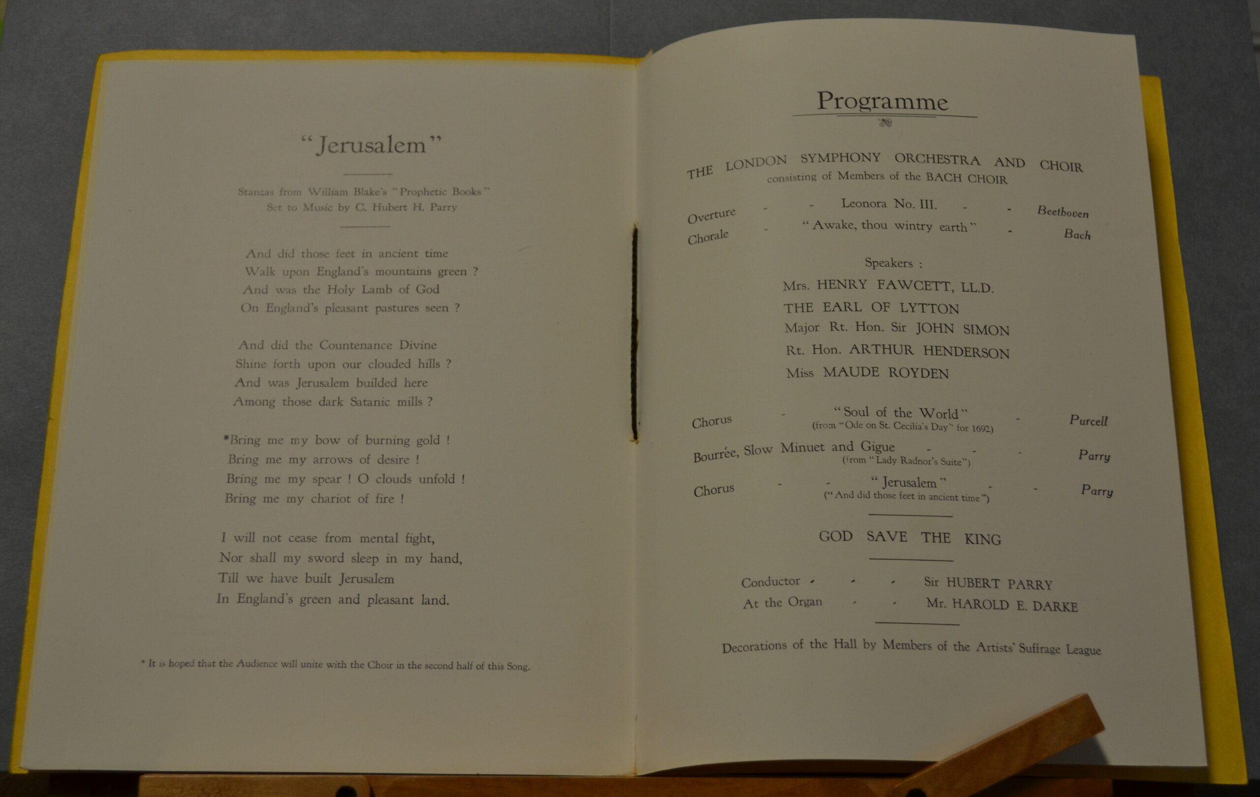 Central pages of programme with lyrics for "Jerusalem".