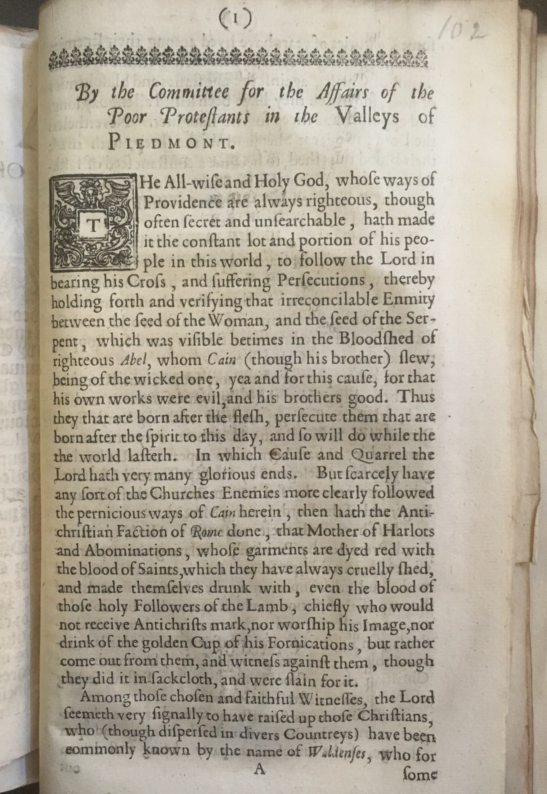 Photograph of the pamphlet 'by the Committee for the Affairs of the poor Protestants in the Valleys of Piedmont'.
