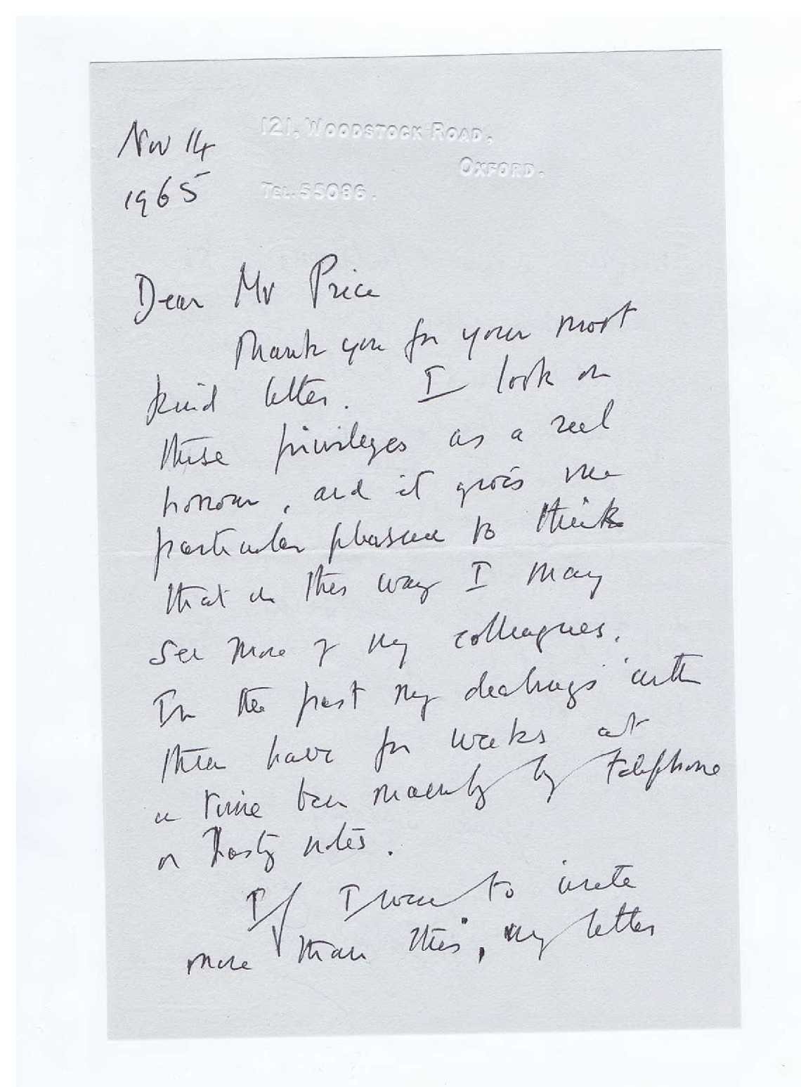 Rosalind Clay Letter to F V Price, 14th November 1965