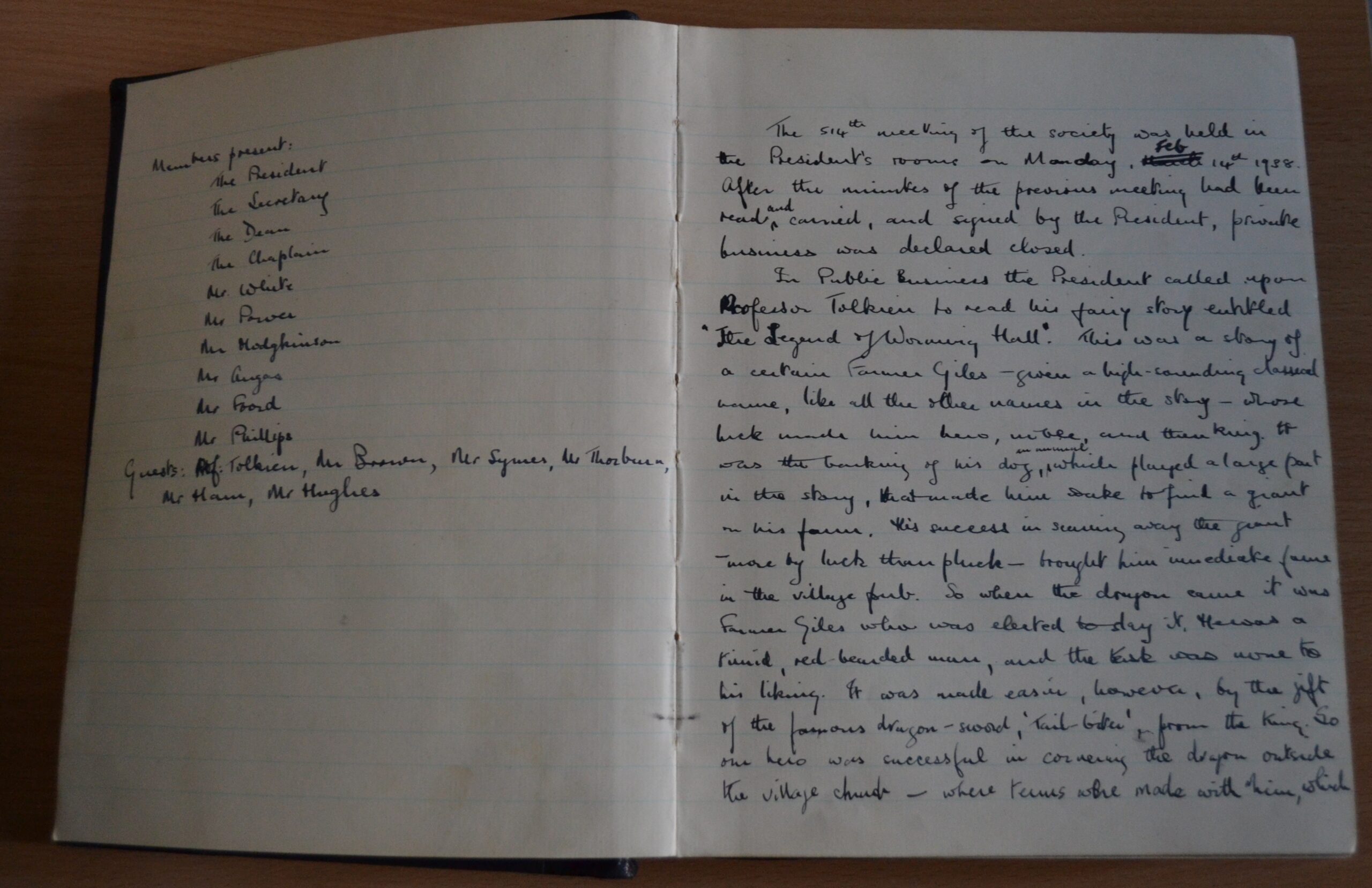 Manuscript minutes of the meeting of the Lovelace Club, 14 February 1938.